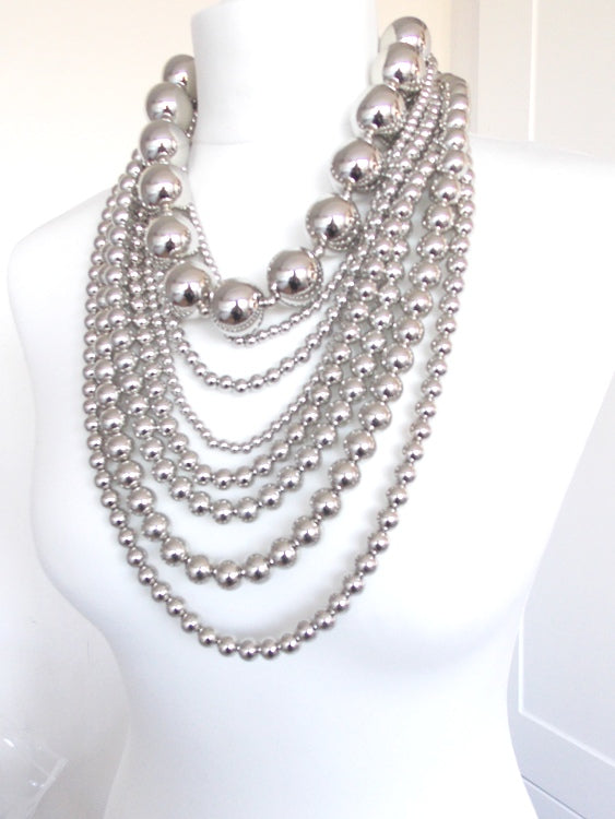 Over Sized Chunky Silver Bead Layered Statement Necklace