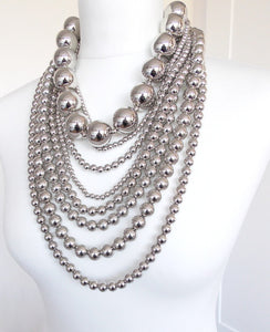Over Sized Chunky Silver Bead Layered Statement Necklace