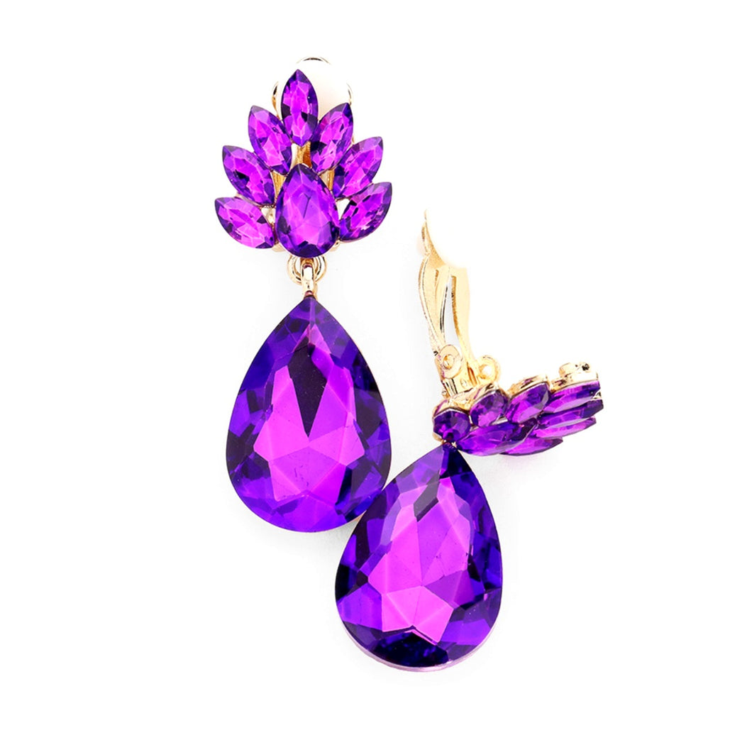 Clip On Purple Floral Teardrop Earrings