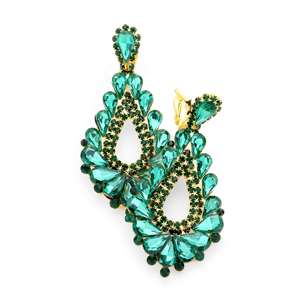 Clip On Emerald Green Jewelled Prom Earrings
