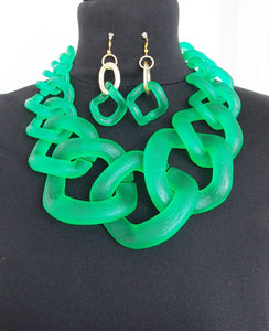 Chunky Green Acrylic Chain Statement Necklace and Earrings Set