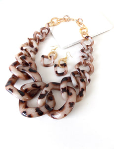 Leopard Print Chunky Chain Necklace and Earrings Set