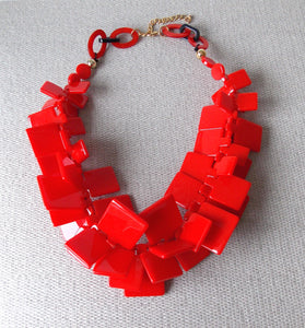 Chunky Red Acrylic Abstract Statement Necklace