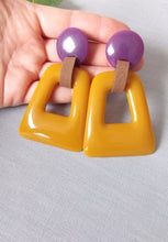 Load image into Gallery viewer, Mustard and Purple Resin Abstract Earrings
