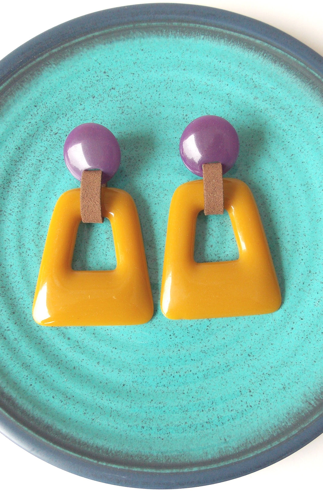Mustard and Purple Resin Abstract Earrings