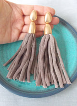 Load image into Gallery viewer, Over-Sized Taupe Fabric Tassel Earrings
