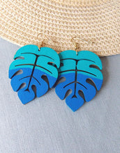 Load image into Gallery viewer, Blue Monstera Leaf Wooden Earrings
