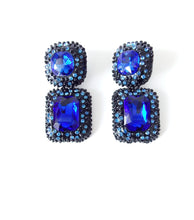 Load image into Gallery viewer, Chunky Blue Square Jewelled Statement Earrings
