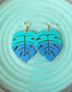 Blue Monstera Leaf Wooden Earrings