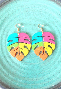 Rainbow Monstera Leaf Earrings