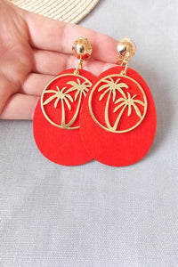 Clip On Red Wooden Palm Tree Earrings