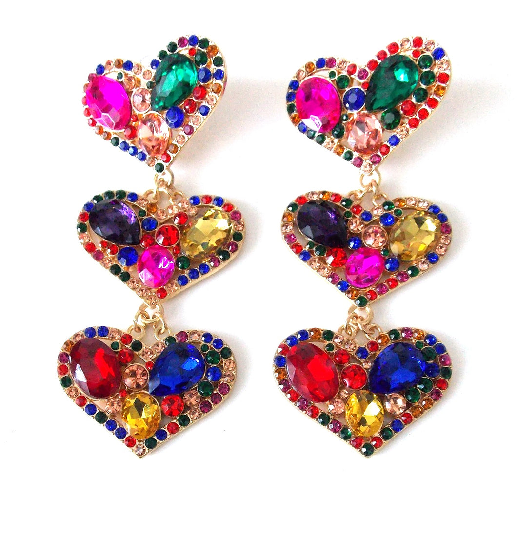 Multi Coloured Jewelled Heart Statement Earrings