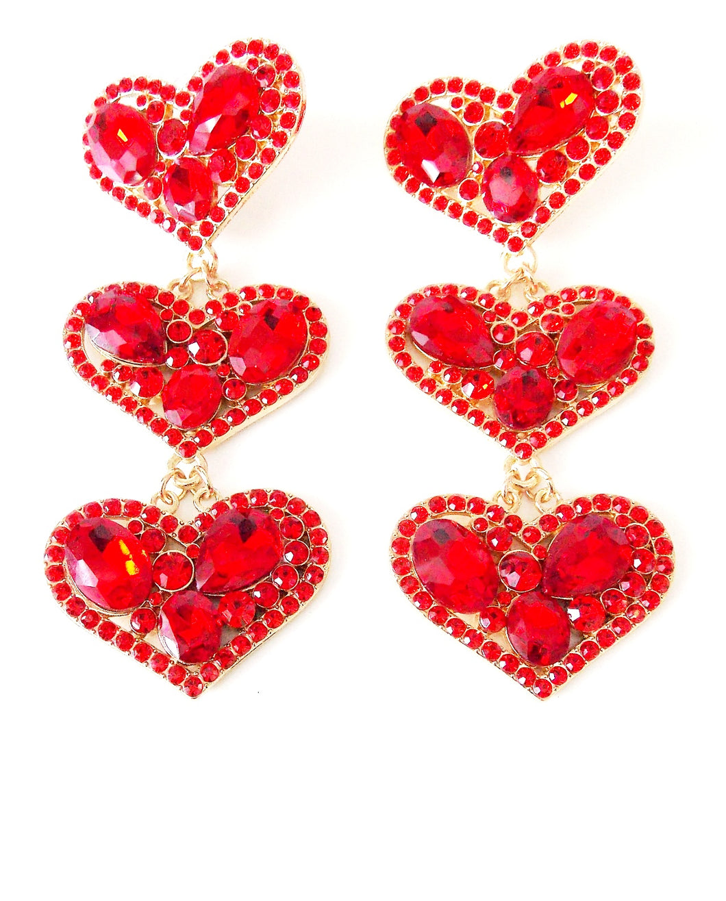 Red Jewelled Triple Heart Statement Earrings
