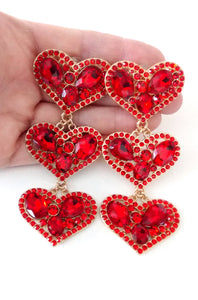 Red Jewelled Triple Heart Statement Earrings