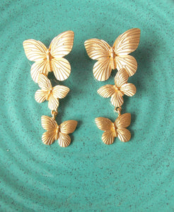 Gold Butterfly Three Tier Earrings