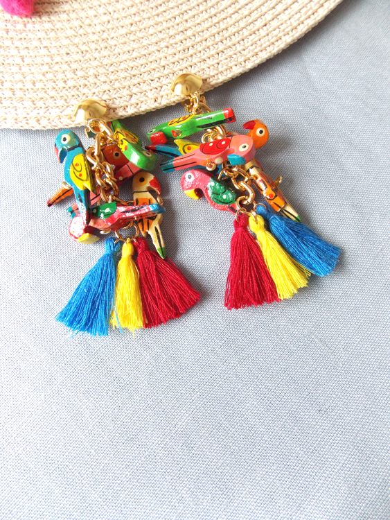 Clip On Multi Coloured Wooden Parrot Tassel Earrings