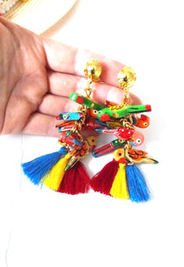 Clip On Multi Coloured Wooden Parrot Tassel Earrings