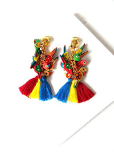 Load image into Gallery viewer, Clip On Multi Coloured Wooden Parrot Tassel Earrings
