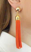 Load image into Gallery viewer, Clip On Orange Faux Suede Tassel Earrings
