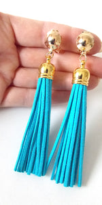 Clip On Turquoise Faux Suede Tassel Earrings