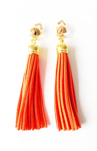 Clip On Orange Faux Suede Tassel Earrings