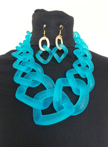 Chunky Blue Frosted Chain Statement Necklace and Earrings Set