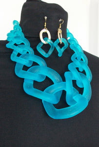 Chunky Blue Frosted Chain Statement Necklace and Earrings Set