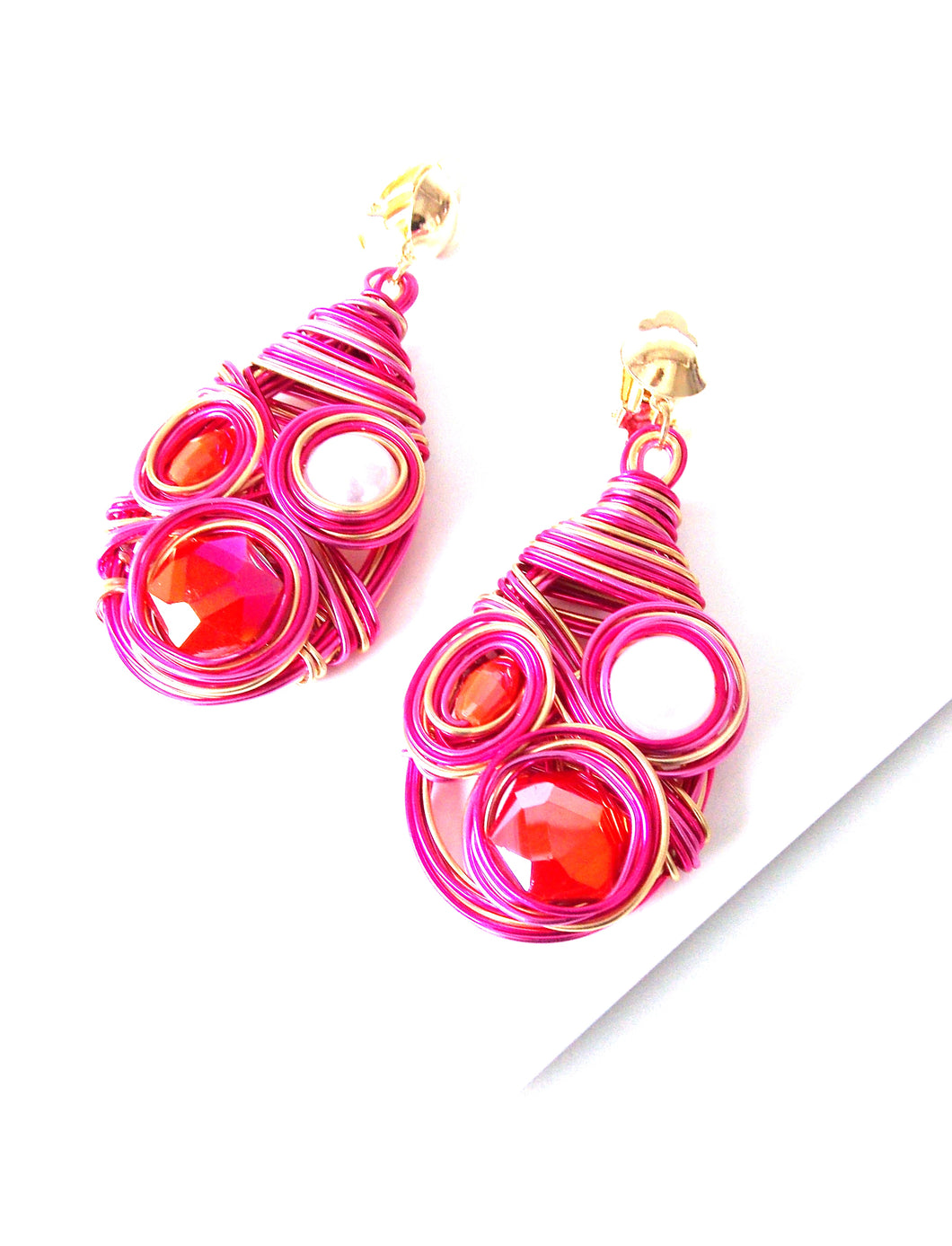 Clip On Pink Wire Wrap Earrings