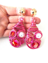 Load image into Gallery viewer, Clip On Pink Wire Wrap Earrings
