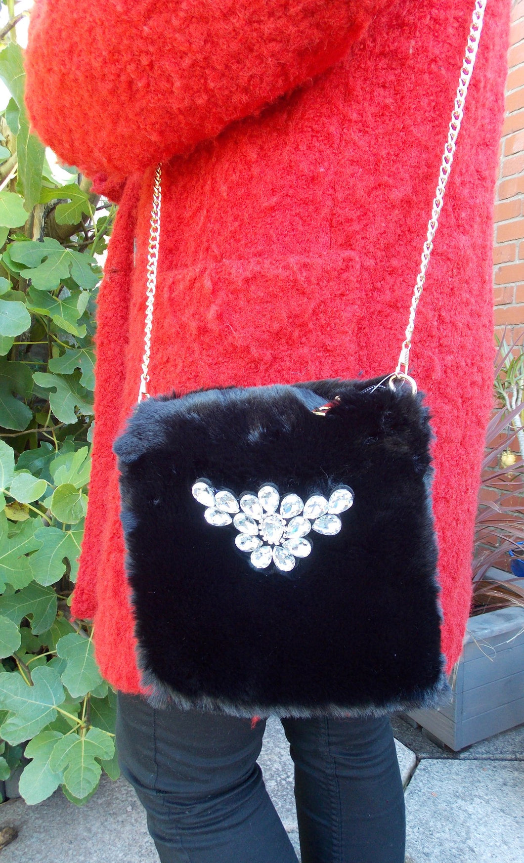 Black Faux Fur and Crystal Jewelled Cross Body Bag