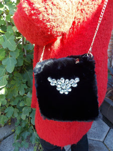 Black Faux Fur and Crystal Jewelled Cross Body Bag