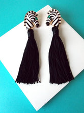 Load image into Gallery viewer, black and White Zebra Tassel Earrings
