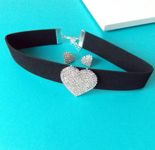 Load image into Gallery viewer, Silver Crystal Heart Choker and Earrings Set

