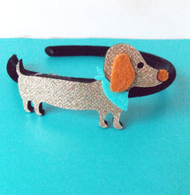 Load image into Gallery viewer, Girls Gold Sausage Dog Headband and Hair Clip Set
