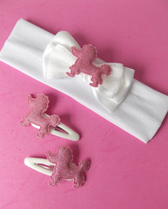 Girls White and Pink Poodle Headband and Hair Clip Set