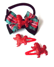 Load image into Gallery viewer, Girls Red Poodle and Tartan Bow Headband and Hair Clip Set
