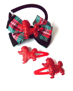 Girls Red Poodle and Tartan Bow Headband and Hair Clip Set