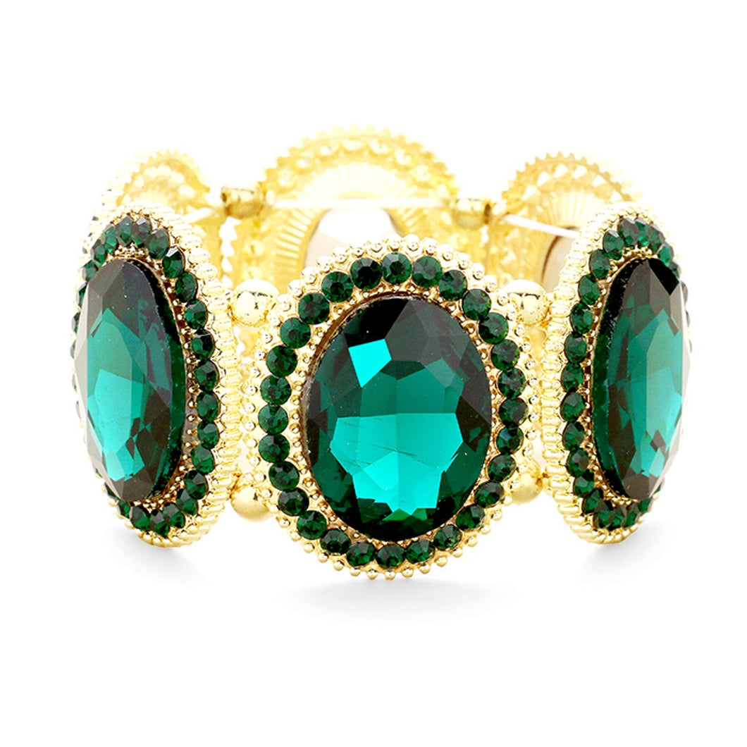 Emerald Green Jewelled Oval Stretch Bracelet