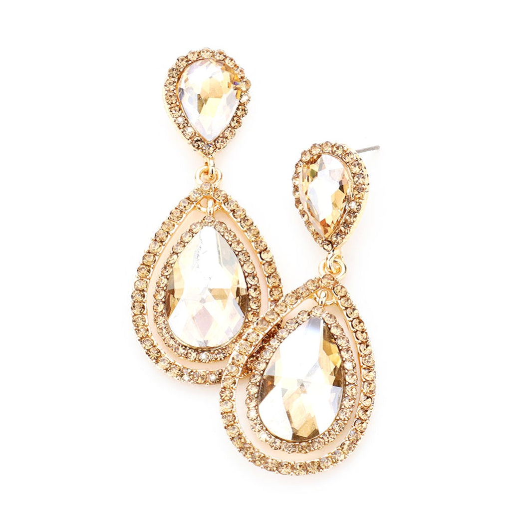 Gold Crystal Double Teardrop Prom Earrings