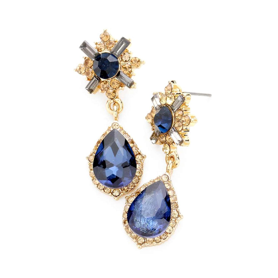 Navy Blue and Gold Crystal Teardrop Earrings
