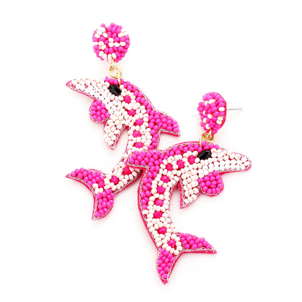 Pink Beaded Dolphin Earrings