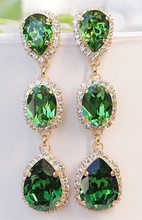 Load image into Gallery viewer, Long Green Jewelled Statement Earrings
