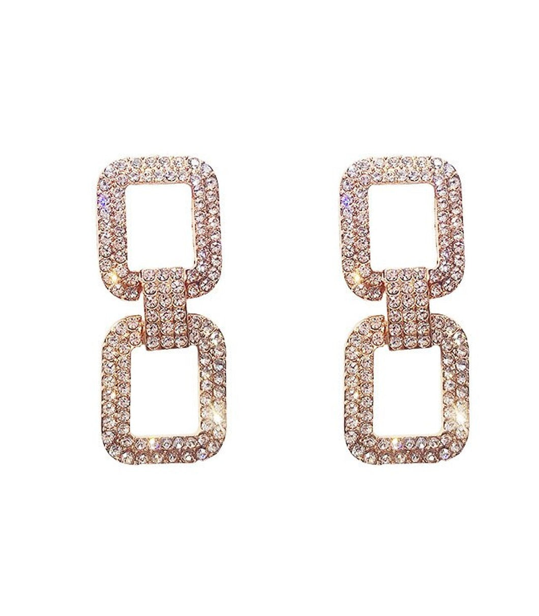 Rose Gold Crystal Double Square Drop Earrings