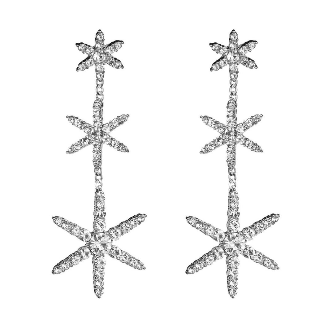 Silver Crystal Triple Star Drop Earrings