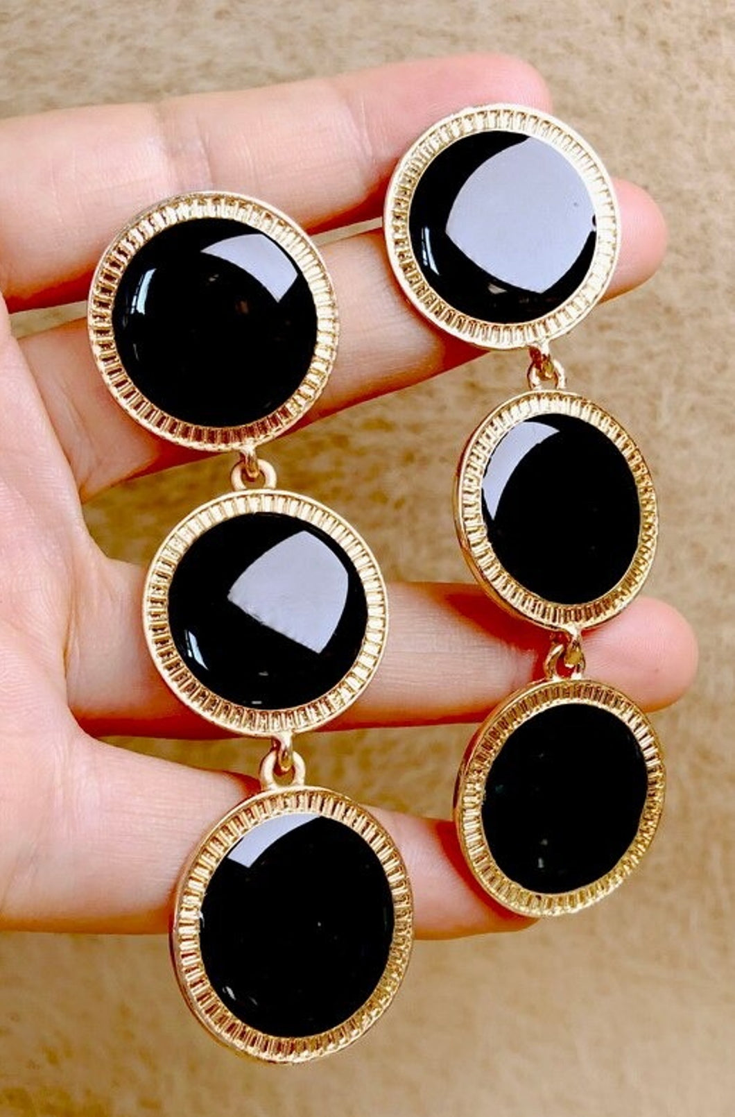 Black and Gold Three Tier Drop Earrings