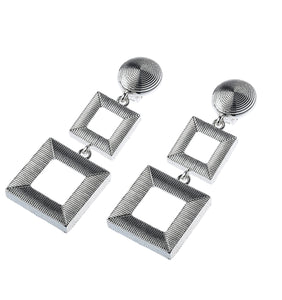 Clip On Silver Three Tier Square Drop Earrings