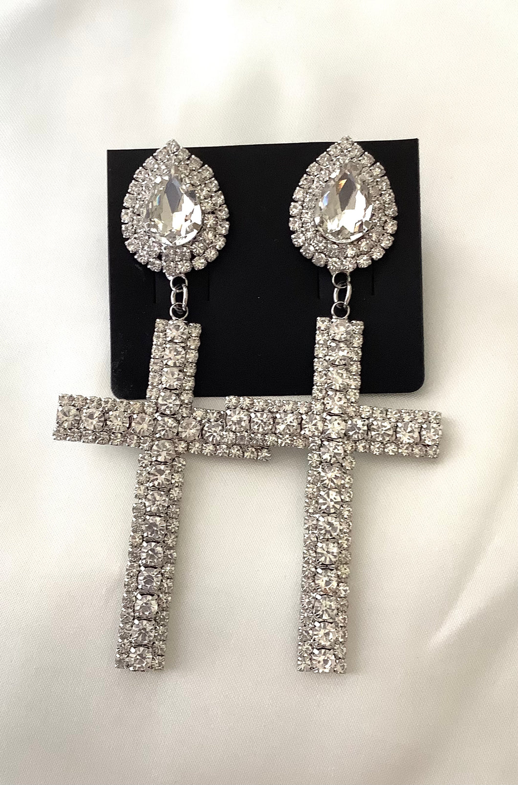 Silver Crystal Cross Statement Earrings