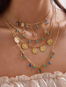 Gold Boho Disc and Blue Jewel Layered Necklace Set