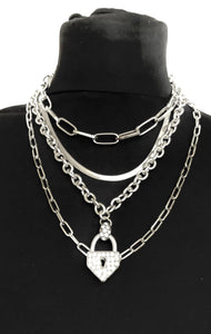 Layered Silver Padlock Necklace Set