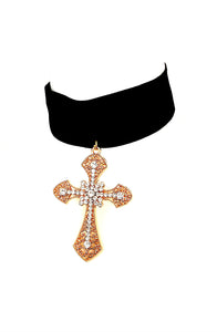 Black Velvet and Gold Cross Choker Necklace